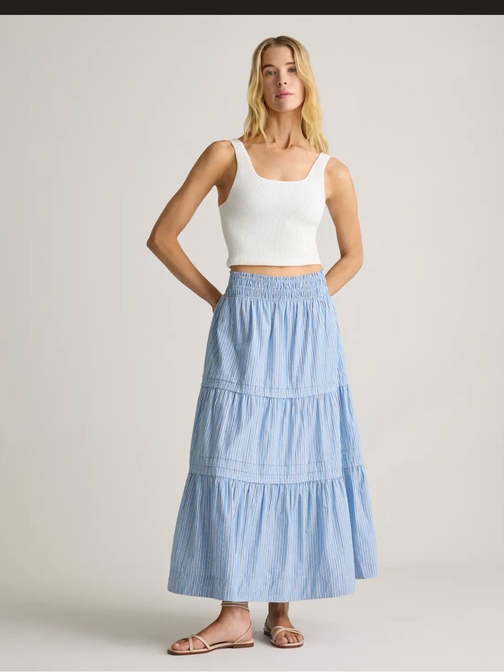 Quince 100% Organic Cotton Poplin Tiered Maxi Skirt - Size Medium Tribeca Stripe